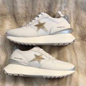 Vintage Havana Major Glitter Platform Sneakers in gold, silver, and white